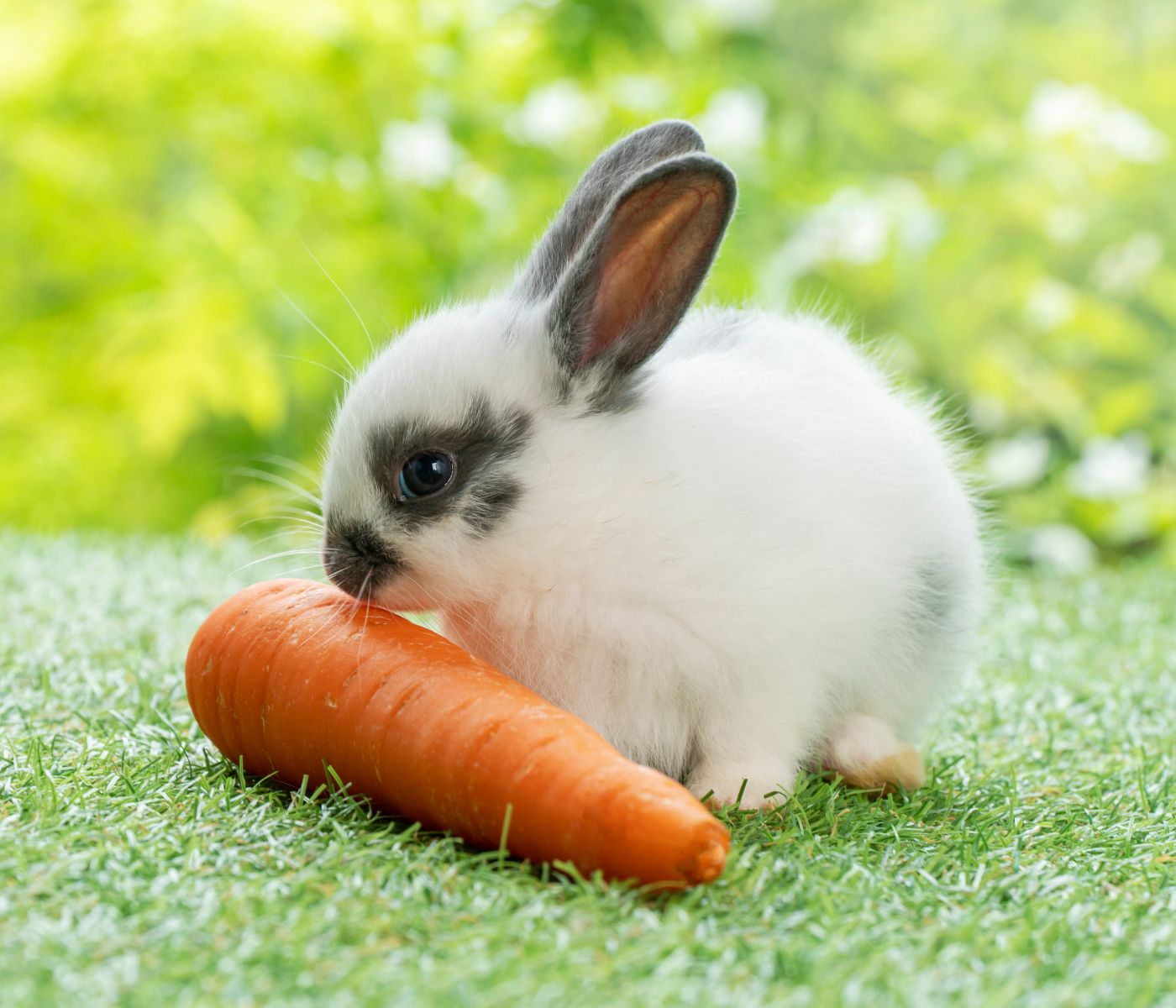 A small white and gray bunny nibbling on a whole carrot
